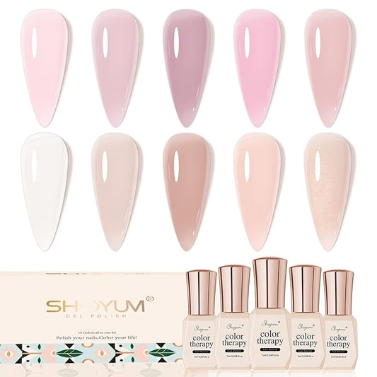 Nude Pink Gel Nail Polish Set, 10 Colors Neutral Nude Gel Polish Kit Translucent Milky White Purple Spring Summer Trend Nail Art DIY Manicure at Home Gifts for Girls Women