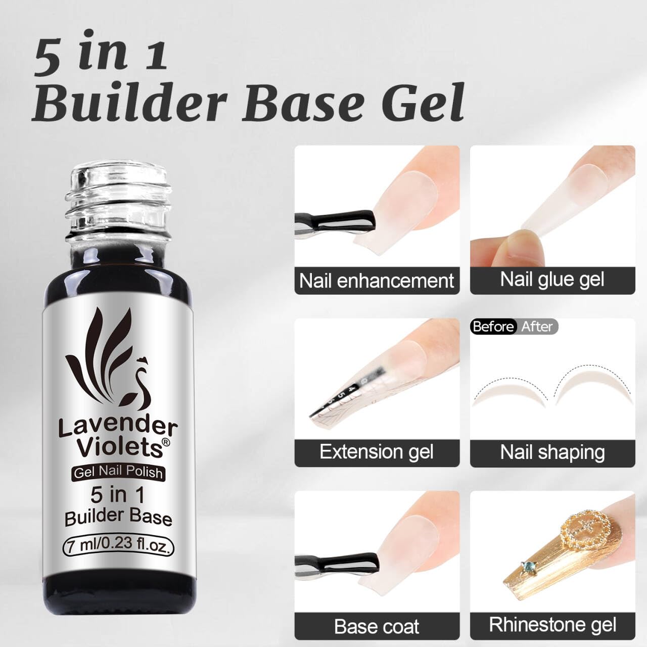 Lavender Violets 6pcs Gel Base and Top Coat Set Nail Dehydrator and Primer, 5-in-1 Builder & Pink Rubber Base Coat, Matte & No-Wipe Top Coat Long-Lasting Manicure Essential Kit for Home DIY C200