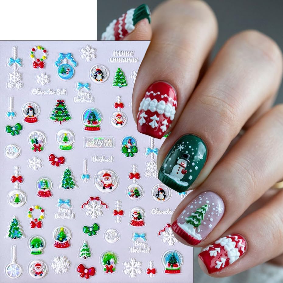 Christmas Nail Stickers 5D Embossed Christmas Lights Tree Nail Art Stickers Xmas Snowflake Nail Decals Self-Adhesive Penguin Design Sticker Holiday Nail Decoration for Women Manicure Accessories 4Pcs