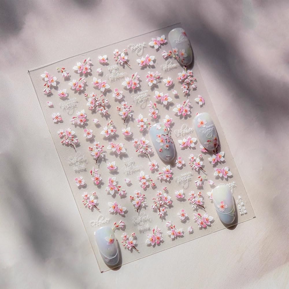 2 Sheets Flower Nail Stickers for Nail Art, 5D Embossed Self Adhesive Spring Summer Sakura Design Nail Supplies Decoration for Women Girl DIY Manicure Accessories