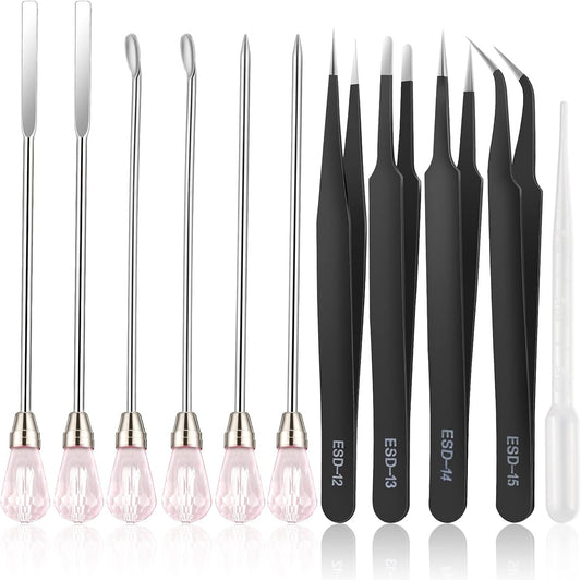 11 Pcs Resin Spoon Tools Kit-Metal Stir Sticks Resin Spoons Poke Needle with Anti-Static Stainless Steel Precision Tweezers Set for Resin Crafts,Jewelry Making,DIY Epoxy Silicone Resin Molds(Pink)