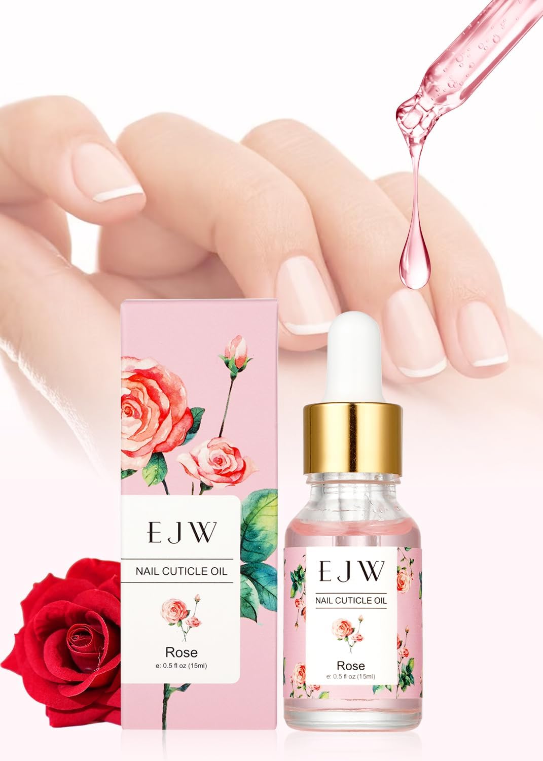 EJW Cuticle Oil for Nails, 1 Week Multi-Functional Care for Hands and Feet, Moisturizes & Strengthens Nails, Improves Hangnails & Dry Skin, Natural Ingredients, Rose