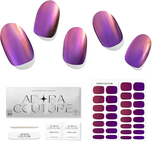 Semi Cured Gel Nail Strips with 30 Pieces - Salon Quality Manicure Kit for Women Easy Application Wraps Includes Prep Pads Nail File Wooden Stick, UV Light Required (Purple Aurora)