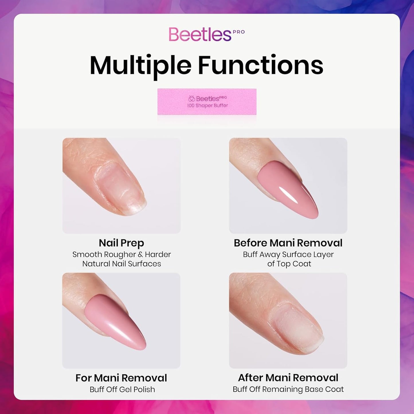 Beetles Pro 10-Pcs Nail Buffer – Professional 100 Grit Sanding Blocks Nail Files and Buffers 4-Sided Pink Nails Files for Acrylic, Gel & Natural Nails – Salon Quality Manicure Tool