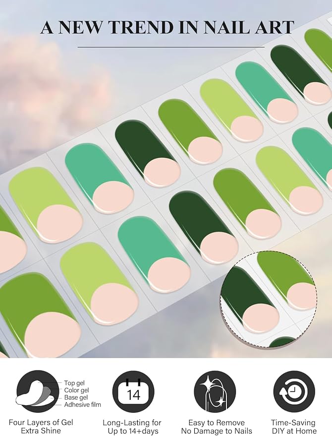 EBANKU 20Pcs Semi-Cured Gel Nail Strips,Green Deep French Nail Sticker, Lasting Waterproof Full Nail Wraps Stickers for Salon Manicures, Perfect for Women, Girl with Nail File and Stick