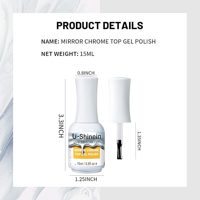 15ml Top Coat for Metallic Painting Gel, No Wipe Top Gel Polish for Metallic Gel Nail Polish, Chrome Nail Polish, Chrome Nail Powder, Mirror Nail Gel, Easy to Make Mirror Chrome Effect