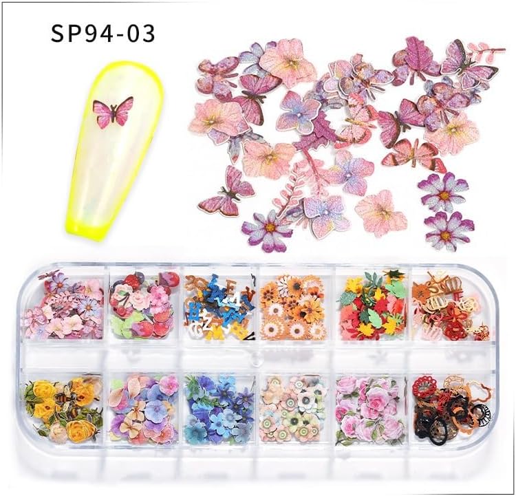 600Pcs 3D Mixed Colorful Flower Nail Art Charms Sequins Decals Colorful Mixed Leaves Daisy Design Slice Nail Flowers Ultra Wood Pulp Flakes Sequins 3