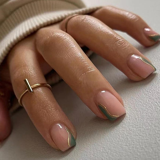 Green French Press-On Nails with Gold Wave Design, Nude Base Short Square Shape, Glossy Gel Finish, 30pcs Reusable Acrylic False Nails Kit for Women, Easy Stick-On Manicure