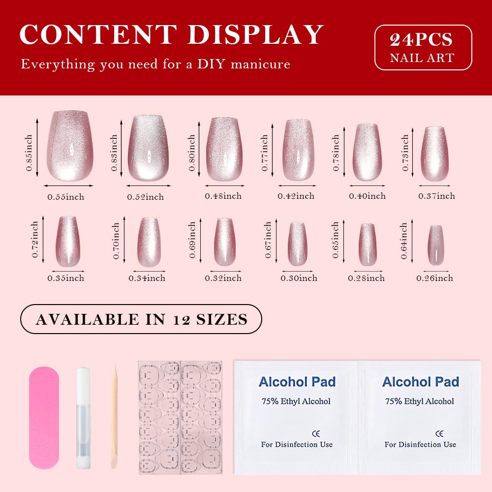 evpct Pink Cat Eye Press on Nails Square Medium Coffin, Medium Square Glue on Nails for Women Gift, Plum Pink Metallic Glitter Glossy Reusable Spring Summer Gel Press on Acrylic Fake Nail with Designs