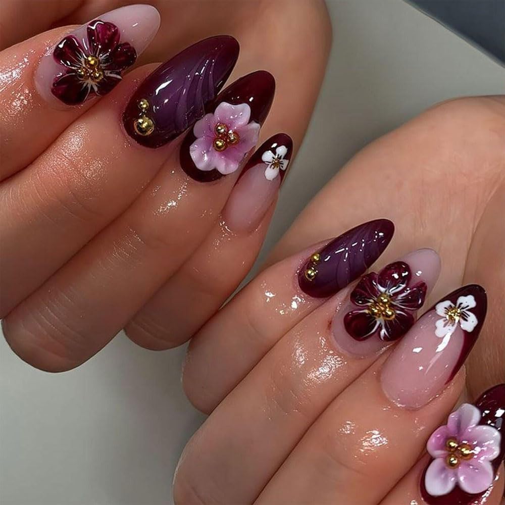 2 Sheets Flower Nail Stickers for Nail Art, 5D Embossed Hibiscus Nail Decals Self Adhesive Spring Summer Floral Nail Supplies for Women Girls Manicure Decoration