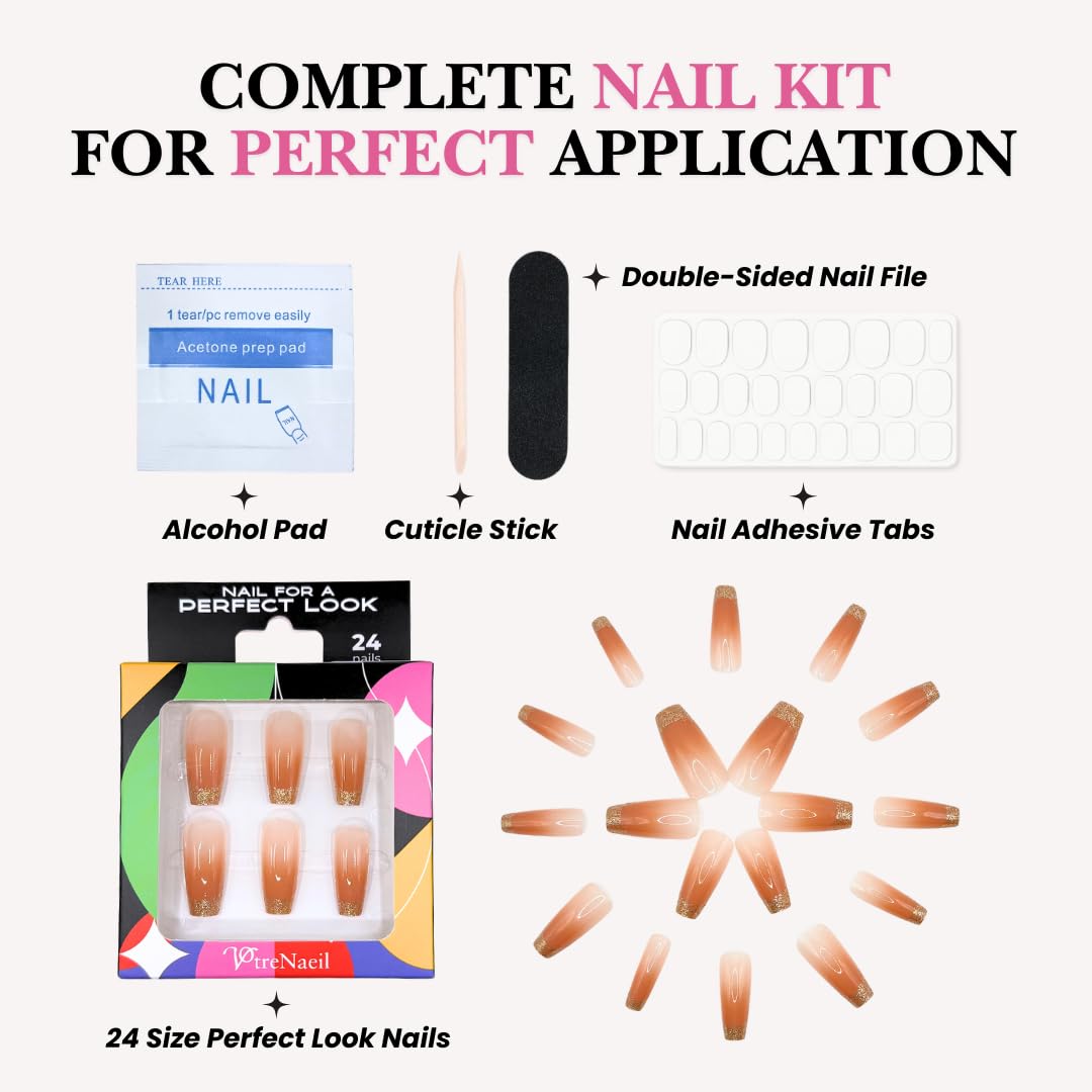Perfect Look Press On Nails - Coral Shine | No Glue One-Day Coffin Nails, Peach Ombre Nails with Glitter French Tips - 24 Pcs Nail Kit with Adhesive Tabs