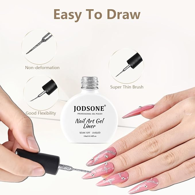 JODSONE 10ml Nail Art Gel Liner Glitter Sliver Gel Nail polish Need U V Lamp Cured with Thin Brush Gift for Girls at Home Salon Design