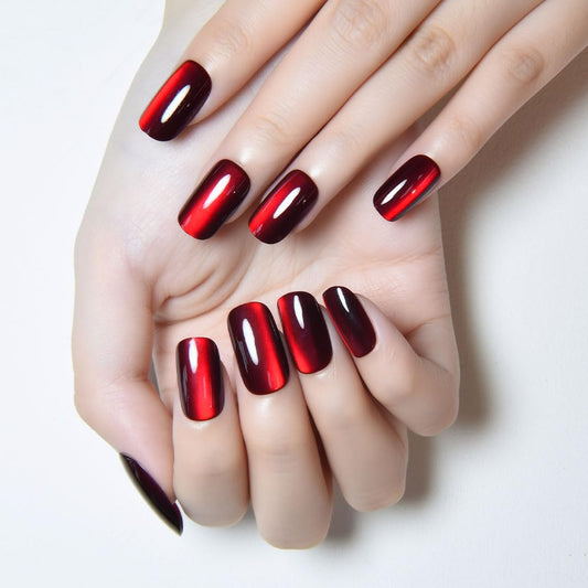 Blood Red Cat Eye Halloween Press on Nails Medium Square, Medium Square Glue on Nails for Women Gift, Dark Red Holographic Glitter Glossy Reusable Stick Gel Press on Acrylic Fake Nail with Designs