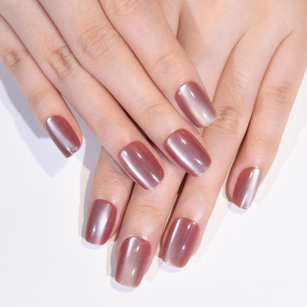 evpct Pale Mauve Cat Eye Short Press on Nails Square, Glue on Nails Short Square for Women Gift, Mauve Metallic Glitter Glossy nails press ons, Reusable Stick Press on Acrylic Fake Nail with Designs
