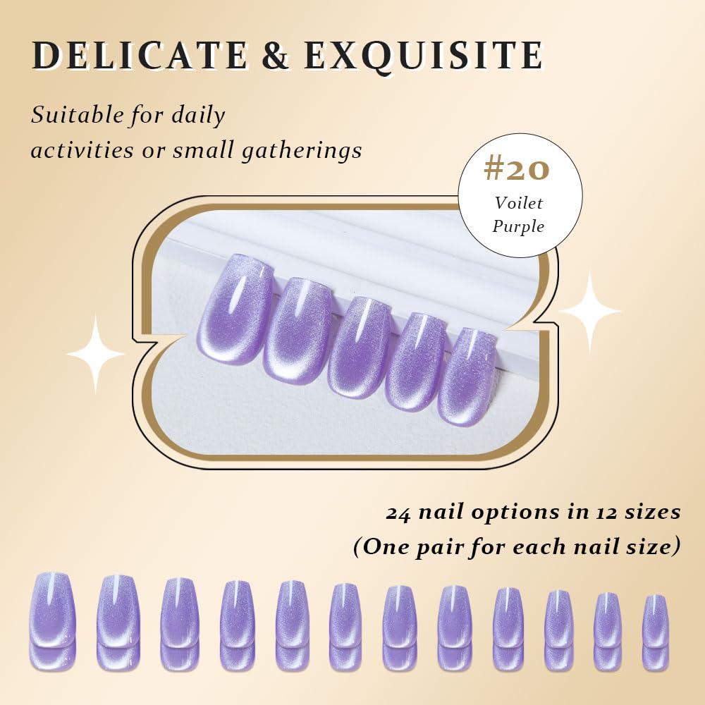 evpct Violet Purple Cat Eye Coffin Press on Nails Square Medium, Medium Square Glue on Nail for Women Gift, Purple Metallic Glitter Glossy Reusable Soft Gel Press on Acrylic Fake Nail with Designs