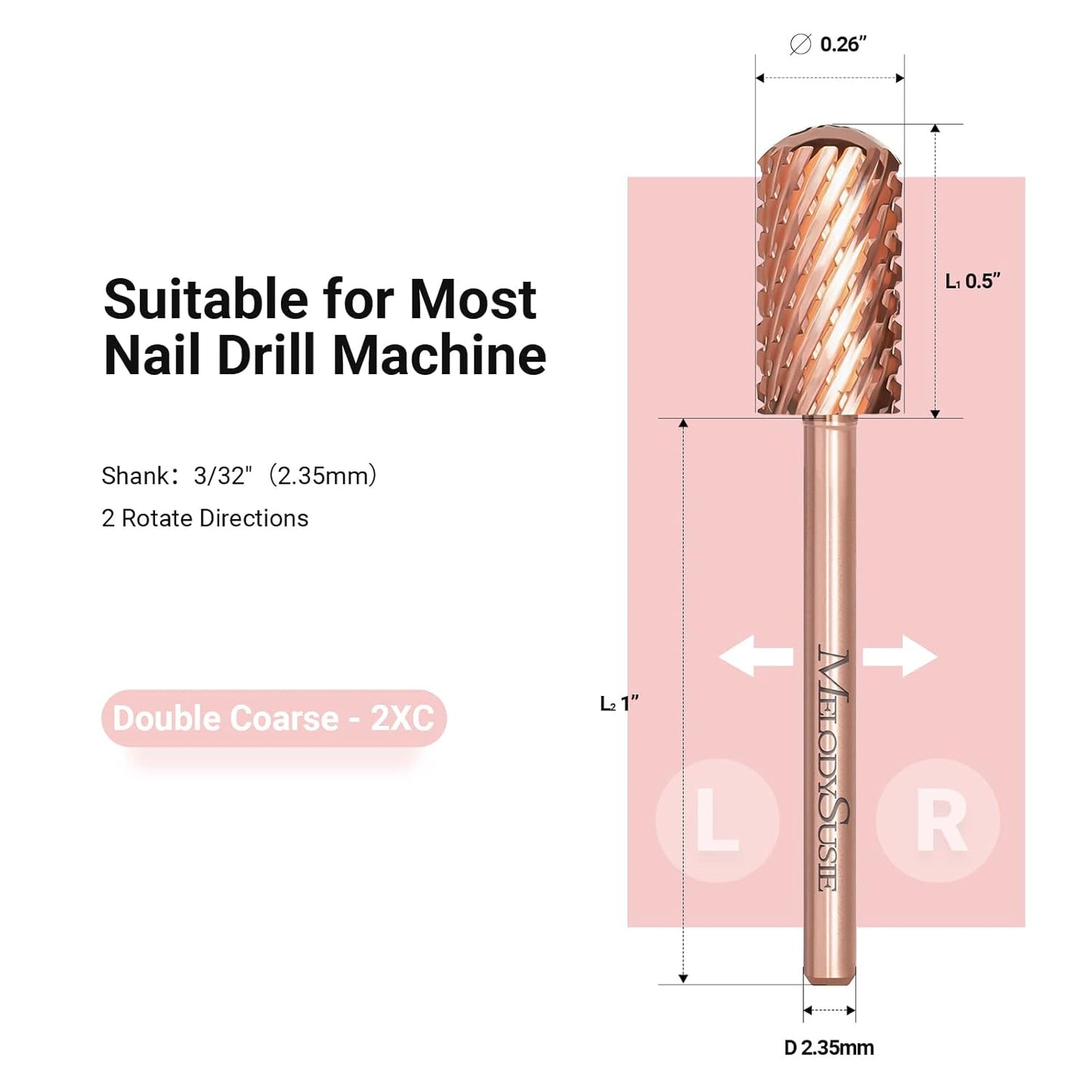 MelodySusie Safety Nail Drill Bits, 3/32'' Smooth Round Top Large Barrel Carbide Bits, Suitable for Manicure Pedicure Cuticle Gel Polishing, Beginners Bits, Rose Gold, Series Bit-S, Double Coarse