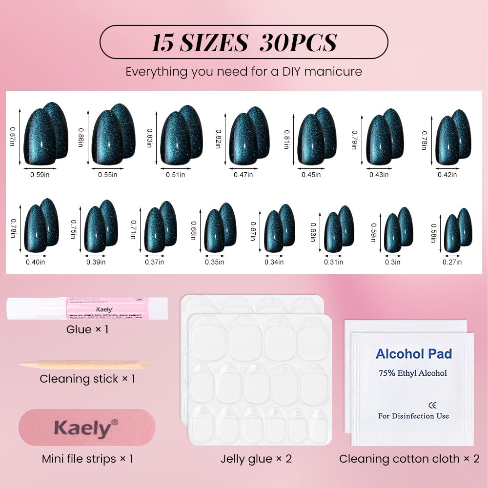 evpct Dark Blue Press on Nails Almond Short, Sapphire Blue Cat Eye Glitter Holographic Press on Nails, Soft Gel Press Glue On Nail with Nail Glue, Full Cover, 30Pcs Reusable Acrylic Fake Nails Kit