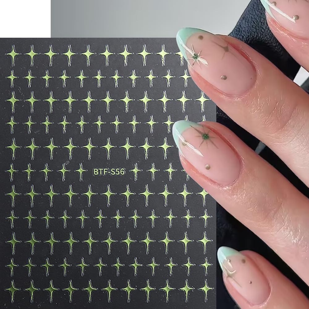 Nail Stickers - Blue Green Star Rhinestone, Minimalist Design, Self-Adhesive for Nail Art A Set of 2 Sheets