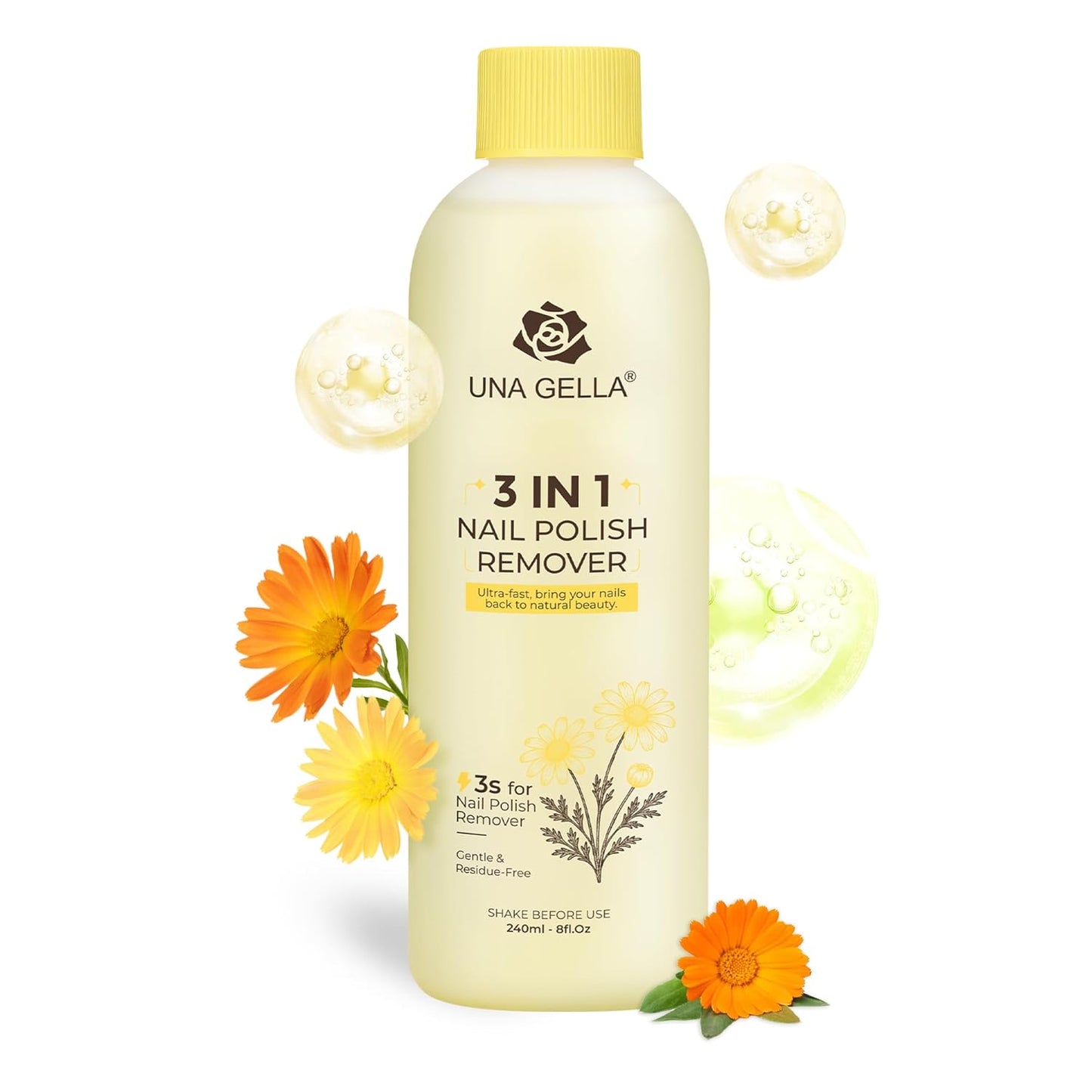 UNA GELLA Acetone Nail Polish Remover, Soak Off Gel Nails Polish Remover With Easy Use Cap, Healthy Formula Works For Nail Glue 8 Fl Oz, Calendula Scent