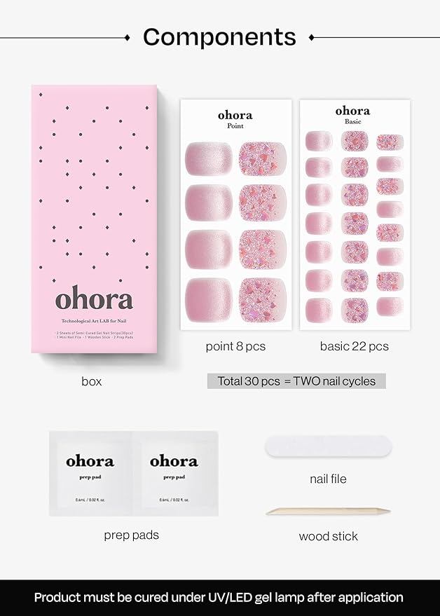 ohora Semi Cured Gel Pedi Strips (P Heart Glimmer) - Works with Any Nail Lamps, Salon-Quality, Long Lasting, Easy to Apply & Remove - Includes 2 Prep Pads, Nail File & Wooden Stick