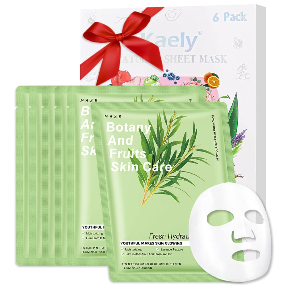6 PCS Real Nature Tea Tree Hydrating Nature Face Masks Skincare, Hyaluronic Acid, Vitamin C and E, Chamomile, Korean Beauty Essence Facial Paper Sheet Mask for Skin Care Moisturizing