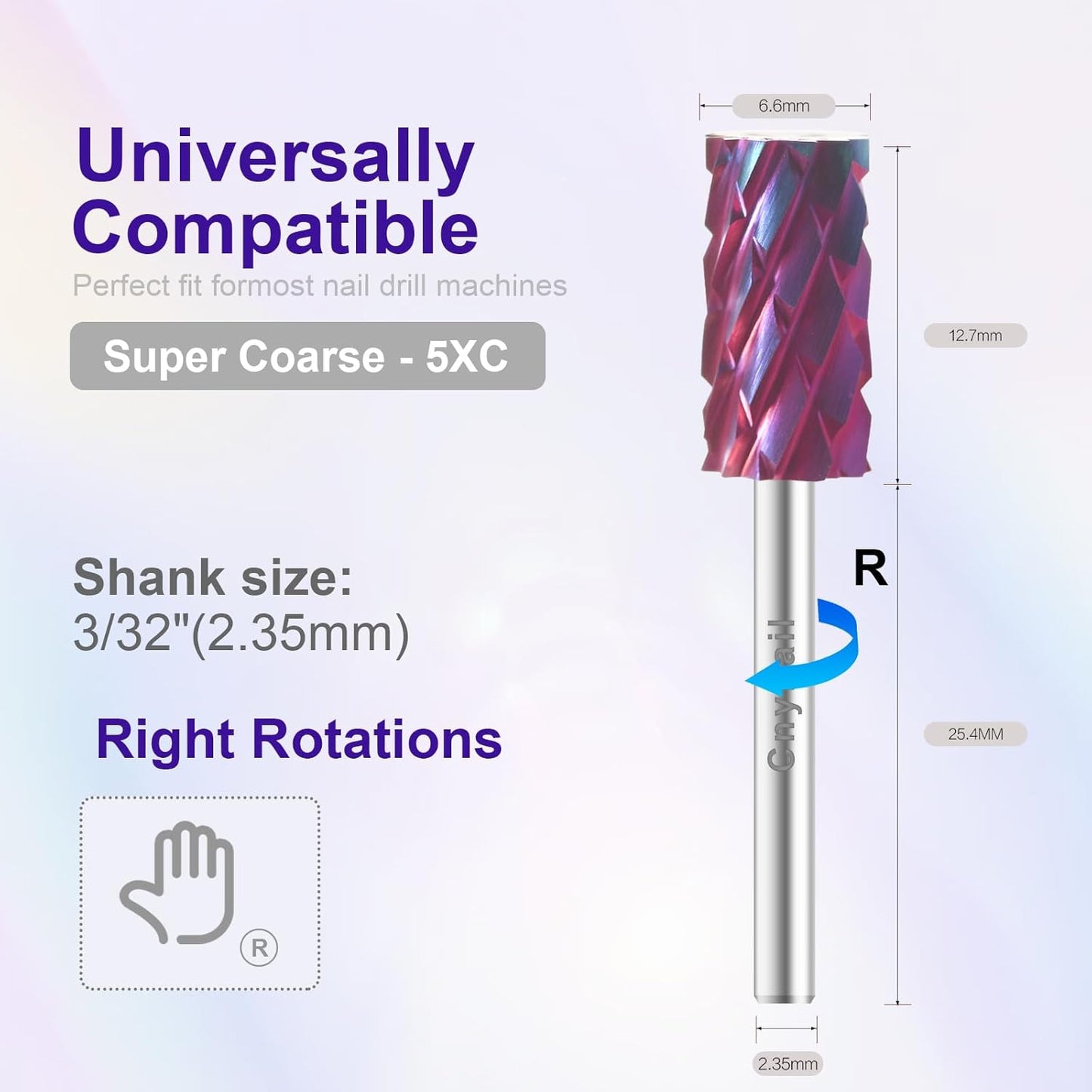 3/32" Large Barrel Bit Tungsten Carbide Nail Drill Bit Safety Bit for Gel & Acrylic Removal, Right Way Rotating Efile Tip, Salon Electric File Accessory (5XC Girt, Purple)