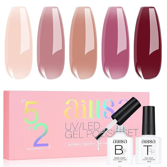 AILLSA Burgundy Red Gel Nail Polish Set Nude Jelly Pink Gel Polish with Base and Top Coat, Wine Mauve Neutral Gel Polish Kit Soak Off U V French Manicure Starter DIY at Home