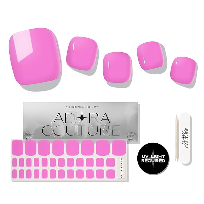 Semi Cured Gel Nail Strips - 32 pcs Gel Pedicure Stickers, Easy to Apply & Remove Toenail Stickers, Salon Quality at Home & Long Lasting - UV Nail Lamp Required - Dark Pink P