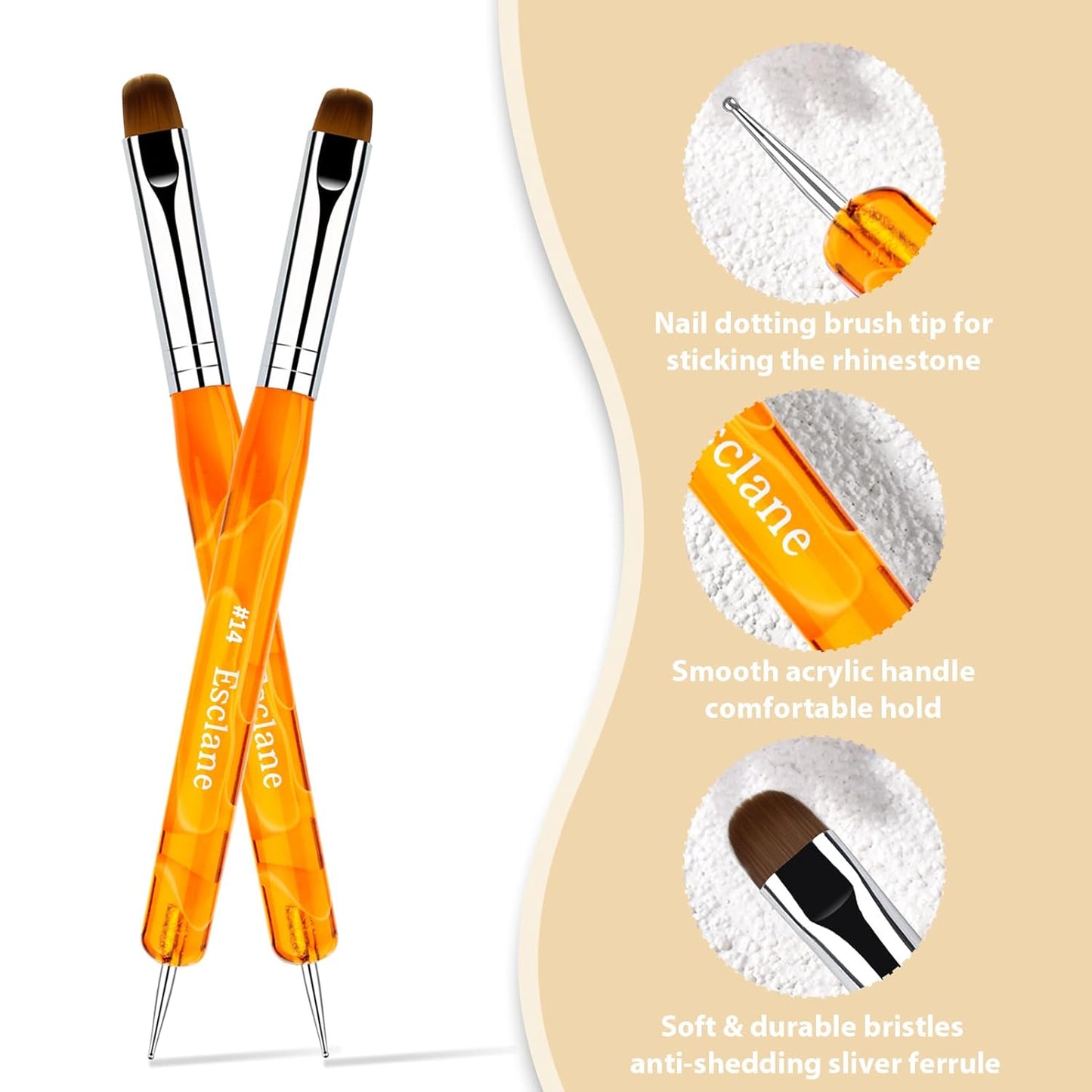 Esclane French Nail Brush, 2 Way Nail Art Brush with Dotting Tool, Orange Marble Acrylic Handle, Nail Dotting Pen