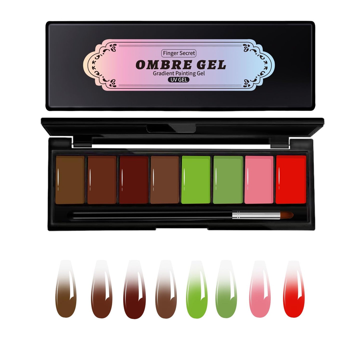Finger Secret 8 Colors Ombre Gel Pat Nail Polish Set,Ombre Pigment for Nails,Gradient Painting Gel with 50Pcs Nail Sponges for 3D Gels Nail Art can be Painted in Salon or Home Use