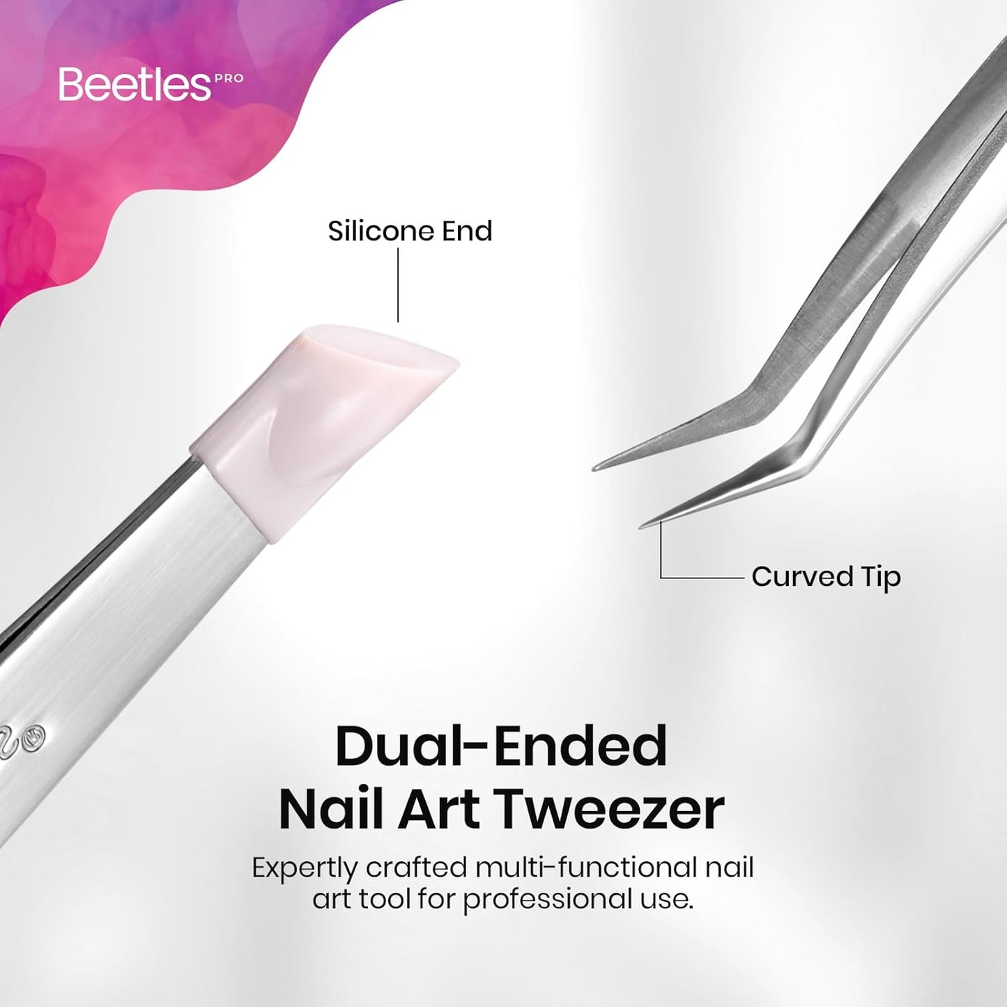 Beetles Professional Sticker Tweezers - Dual Ended Nail Art Tweezer, Curved Tip Pick Up Pearls Rhinestones, Silicone Tip Press Stickers Nail Art Tool Ultra Precision Stainless Steel Nippers