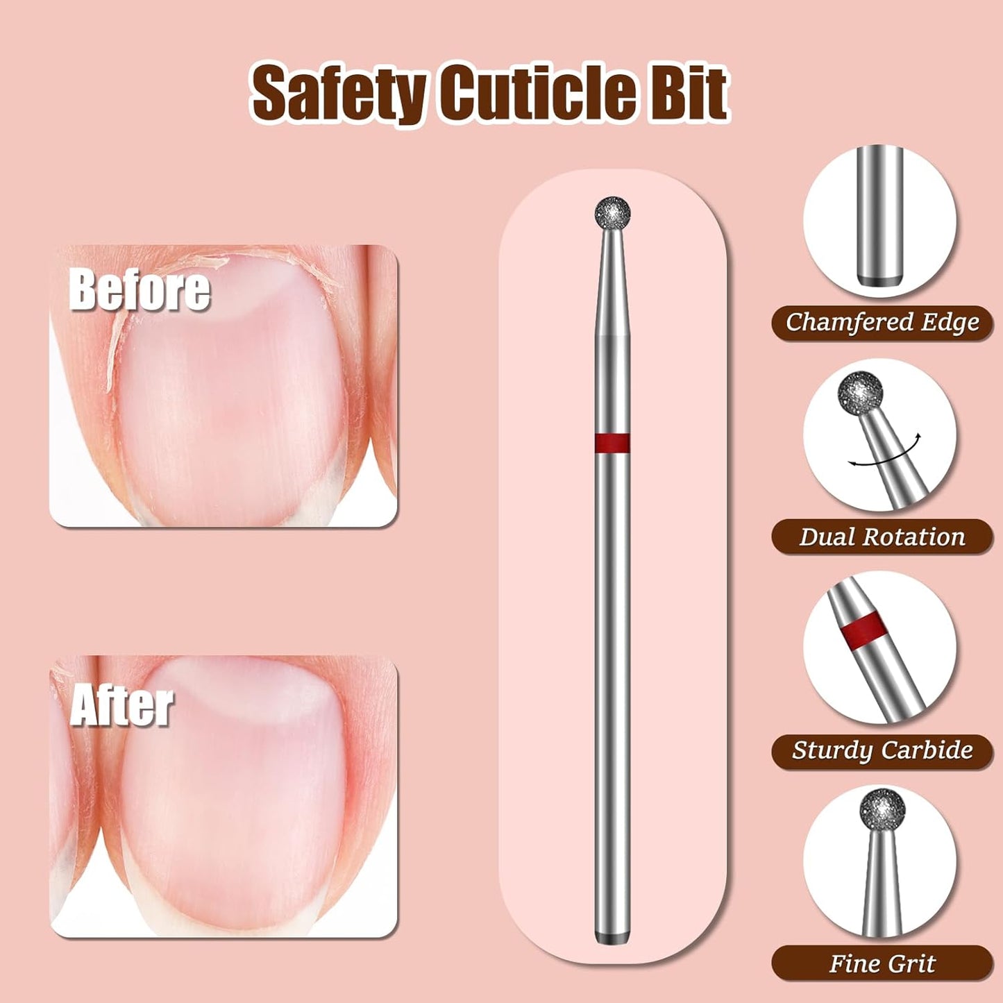1.8mm Ball Shape Cuticle Clean Nail Drill Bit 3/32'', Professional Safety Carbide Diamond Under Nail Cleaner for Sidewall Dead Skin Cleaning Nail Prepare, Manicure Pedicure Shape Remove Tools, Fine
