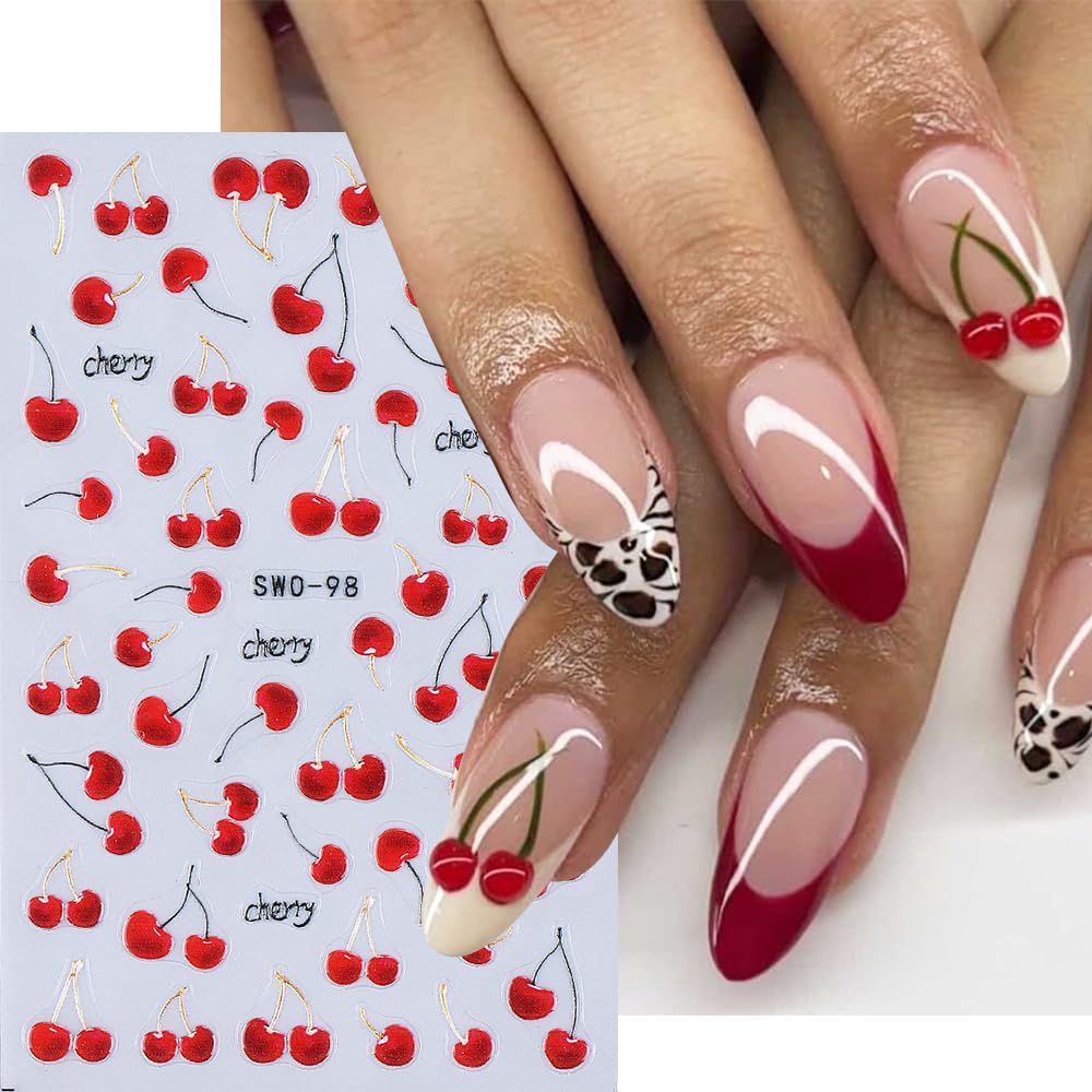 Cherry Nail Art Stickers Decals Summer Fruit Cherry 5D Embossed Nail Decals 3PCS Self-Adhesive Cherries Design Summer Stickers for Nails Art Decorations Supplies Manicure Sliders Accessories for Women