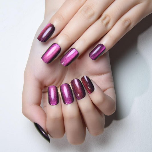 Purple Cat Eye Press on Nails Medium Square, Medium Square Glue on Fake Nails for Women Gift, Dark Purple Holographic Glitter Glossy Reusable Soft Gel Stick Press on Acrylic False Nail with Designs