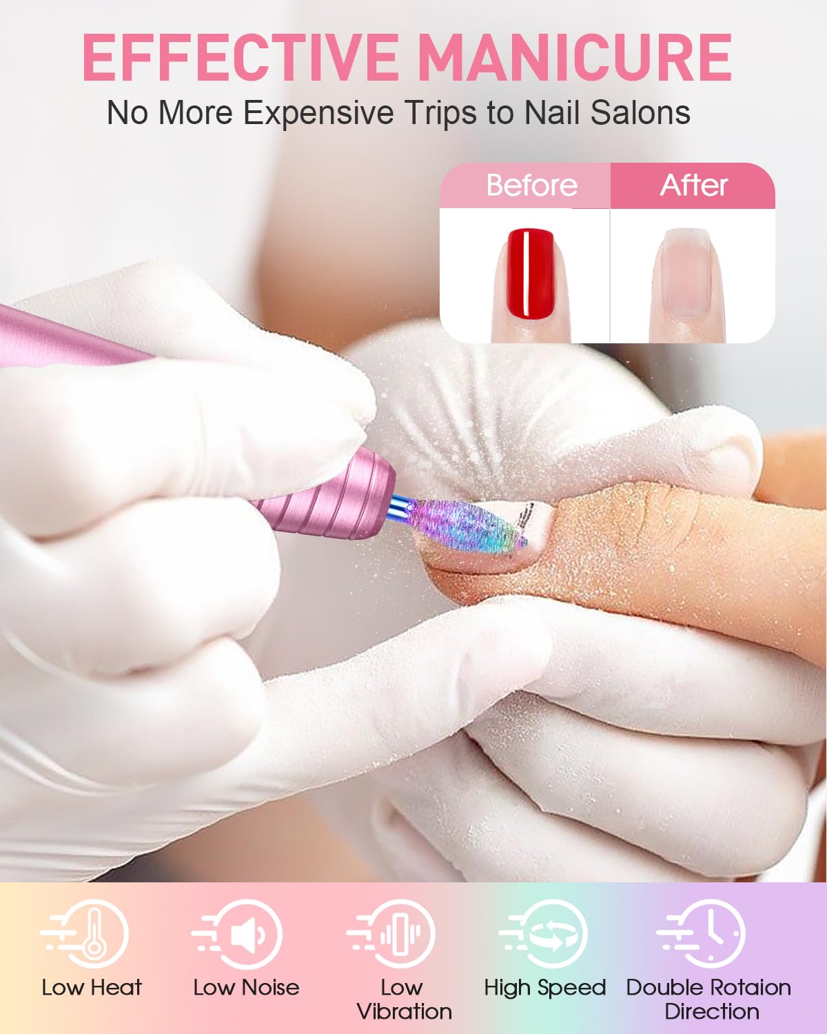 Subay Electric Nail Drill, Portable Electric Nail File for Acrylic Gel Nails, Manicure Pedicure Tool with 6 Bits and 26 Sanding Bands for Home and Salon Use - Pink