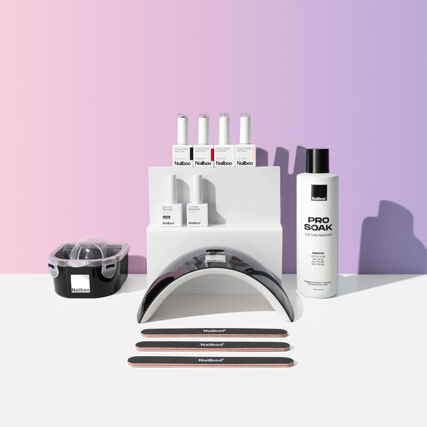 Nailboo Gel Nail Polish Kit with UV Lamp - 4 Forever Glaze Gel Polishes, Acetone Remover, Soak Bowl, Base Coat, 3 Nail Files, No Wipe Top Coat, Glossy, Chip Free Nails at Home