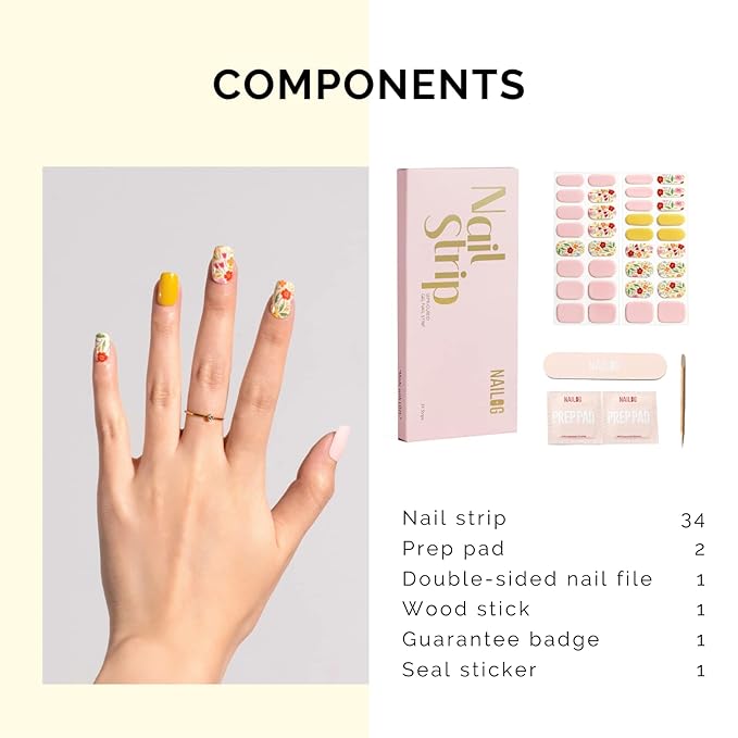 Nailog Semi Cured Gel Nail Strips 34 pcs | Long Lasting Nail Polish Sticker Wraps with Glossy Gel Finish | Idyll