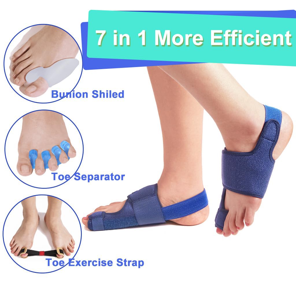Toe Corrector Toe Separator Bunion Splint 【Updated Version】 Hallux Valgus Big Toes Corrector Set Bunion Brace Bunion Exercise Strap Orthopedic Kit Pain Relief (Blue, free)