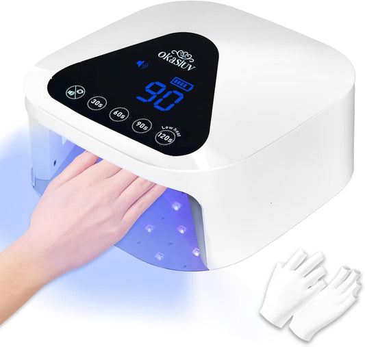 UV LED Nail Lamp with UV Gloves,Magnetic Metal Mirror Base Cordless Nail Dryer, Gel Polish Curing Light with 4 Timers,Touch Control Display,Auto Sensor for Professional Salon & Home