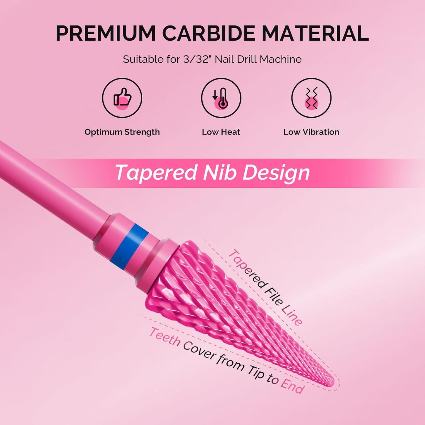 MelodySusie Professional Tapered Nib Nail Drill Bit, 3/32'' Carbide Tungsten Multi-function Bit, Suitable for Manicure Pedicure Cuticle Gel Polishing, Technicians Bit, Series Bit-M, Pink Blossom, M