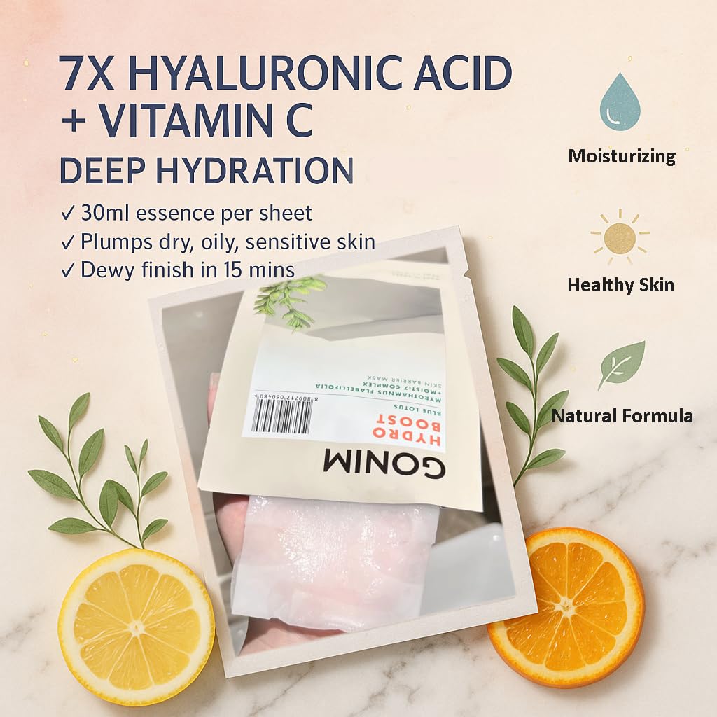 GONIM Face Mask Korean Skin Care with Hyaluronic Acid Serum, Vitamin C, Collagen Activation-Face Masks Skincare Hydration, Anti Aging & Moisturizing Sheet Mask for All Skin Korean Face Mask 30mlx20pcs