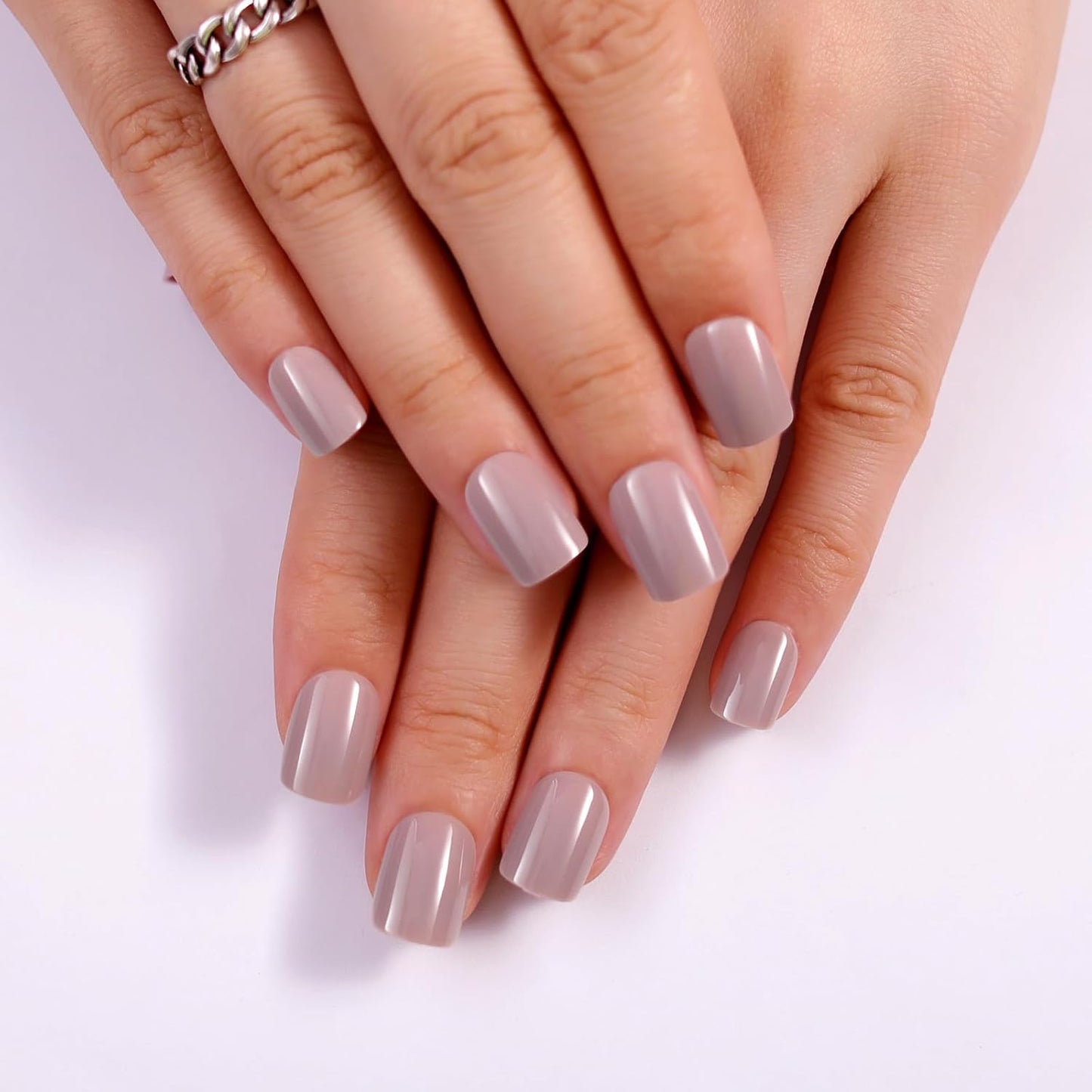 Caramel Beige Press On Nails Short, Glossy Soft Gel Press On Nails Square with Nail Glue, 15 Sizes - 30 Fake Nails Kit, Thick Natural Reusable Glue On Nails for Women, Silken Caramel