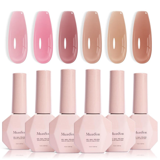 MelodySusie Jelly Gel Nail Polish Set,6 Transparent Colors,Milky or Jelly Texture,Pink and Nude Versatile Colors Soak Off UV LED Light Cure or Salon Manicure and Nail Art DIY at Home