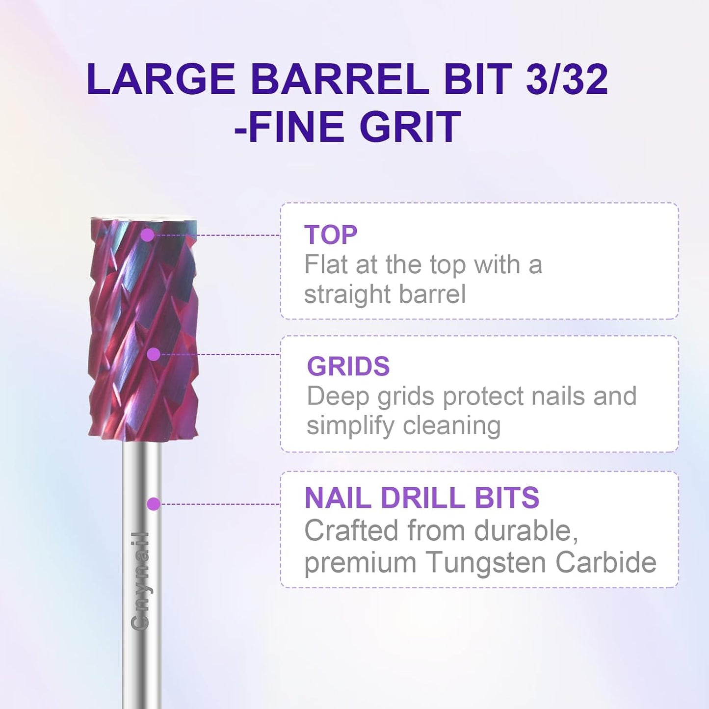 3/32" Large Barrel Bit Tungsten Carbide Nail Drill Bit Safety Bit for Gel & Acrylic Removal, Right Way Rotating Efile Tip, Salon Electric File Accessory (5XC Girt, Purple)