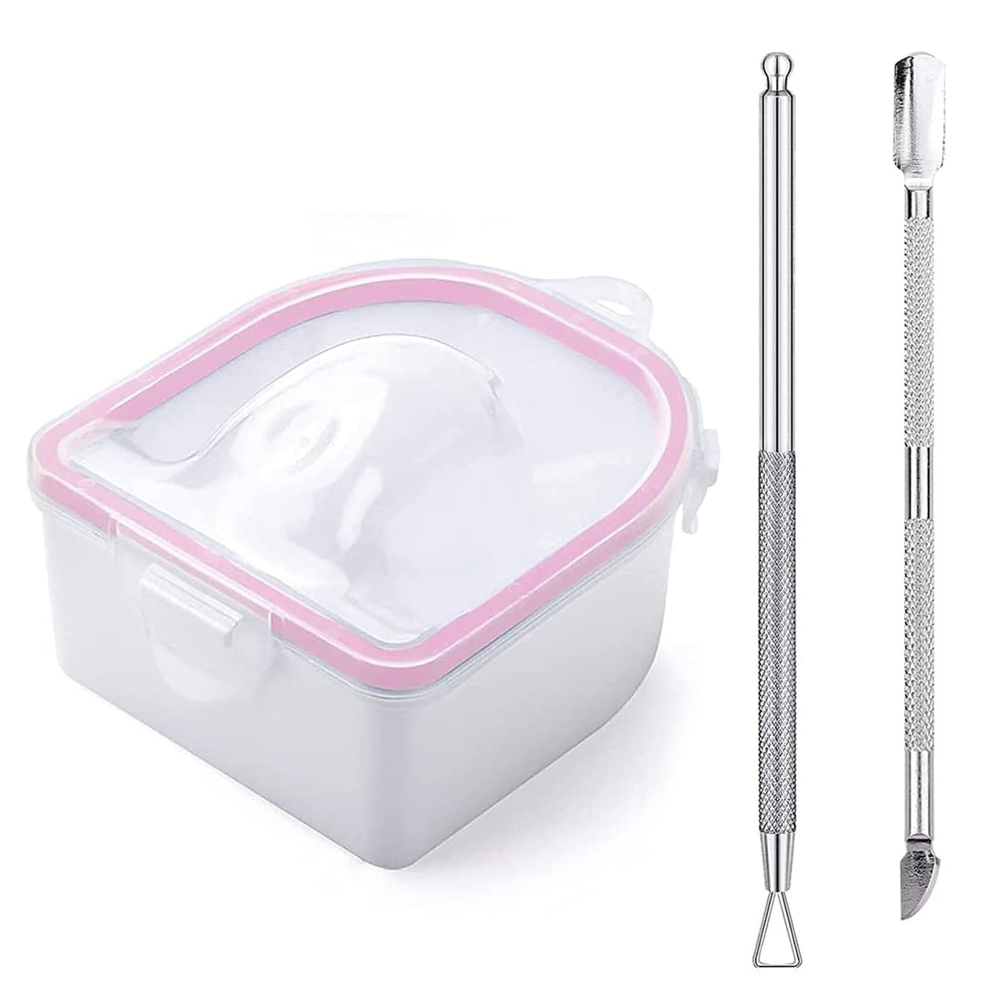 Nail Soaking Bowl, Soak Off Gel Polish Dip Powder Remover Manicure Bowl with Triangle Cuticle Peeler and Stainless Steel Cuticle Pusher Nail Art Tool (Pink-3pcs set)