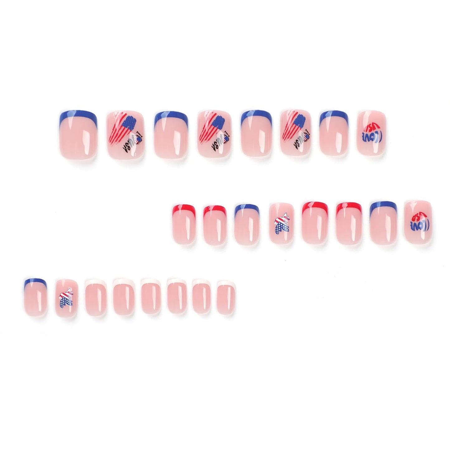 Independence Press On Nails Short Square, 4th of July Fake Nails, French Tip Design with Red, White, and Blue Accents, Glossy Gel Finish Acrylic Press Ons, Thick Reusable Glue On Nails for Women