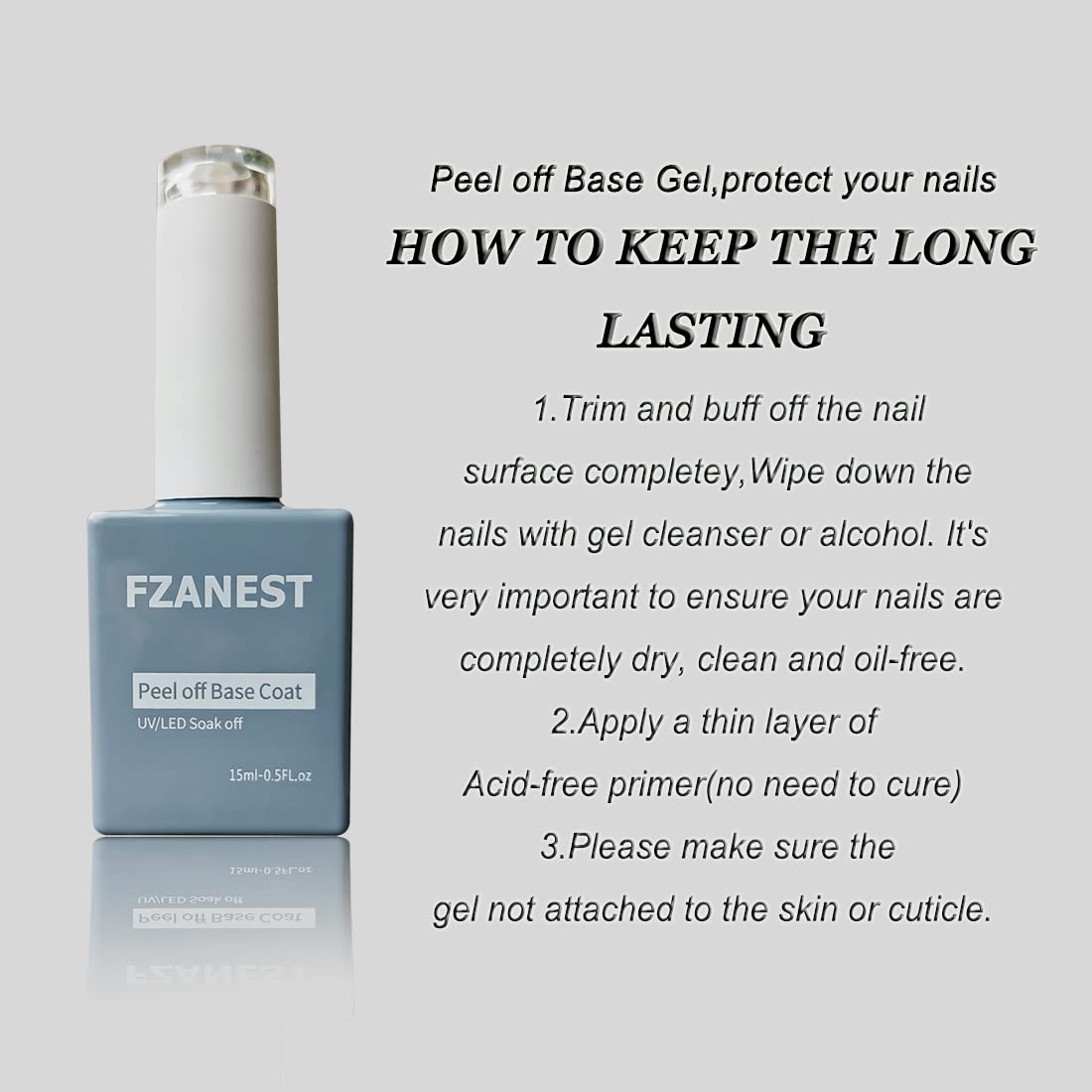 FZANEST Peel Off Gel Base Coat For Gel Nail Polish,15ml UV LED Light Peelabel Base Nail Polish Non Toxic Vegan Cruelty Free