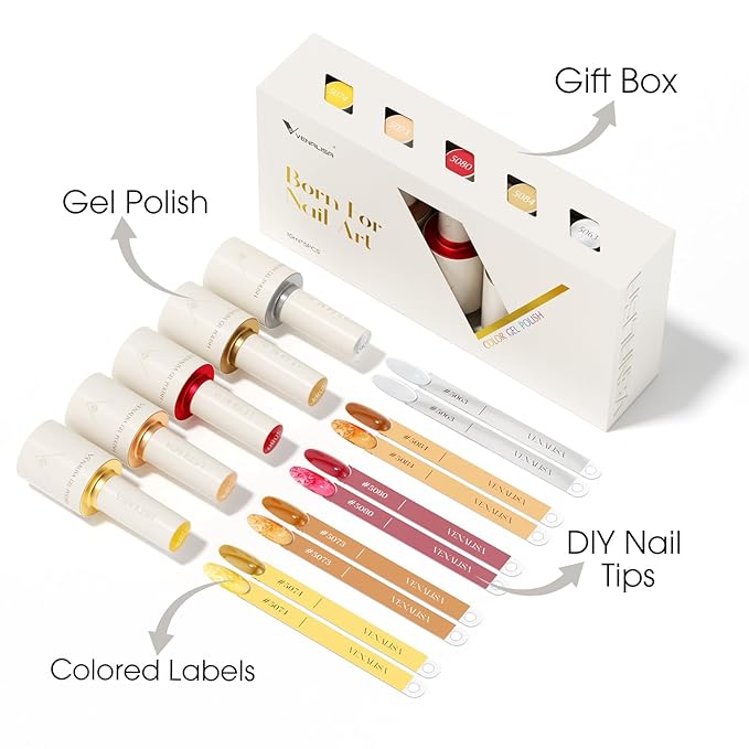 VENALISA 10 ML Jelly Gel Nail Polish Set with DIY Nail tips Kit, 5 Pcs Transparent Yellow Orange Red Brown White Gel Polish Color High Gloss Soak Off U V Nail Manicure Salon DIY
