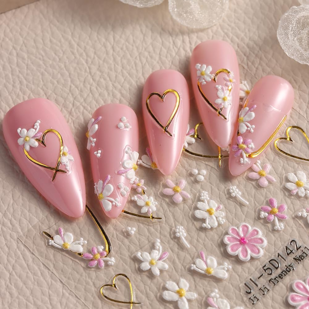 5D Embossed Butterfly Nail Stickers, 3 Sheets Self-Adhesive Nail Decals White Pink Purple Butterfly Daisy Flowers Designs Nail Decorations DIY Manicure Supplies for Women Girls&Kids