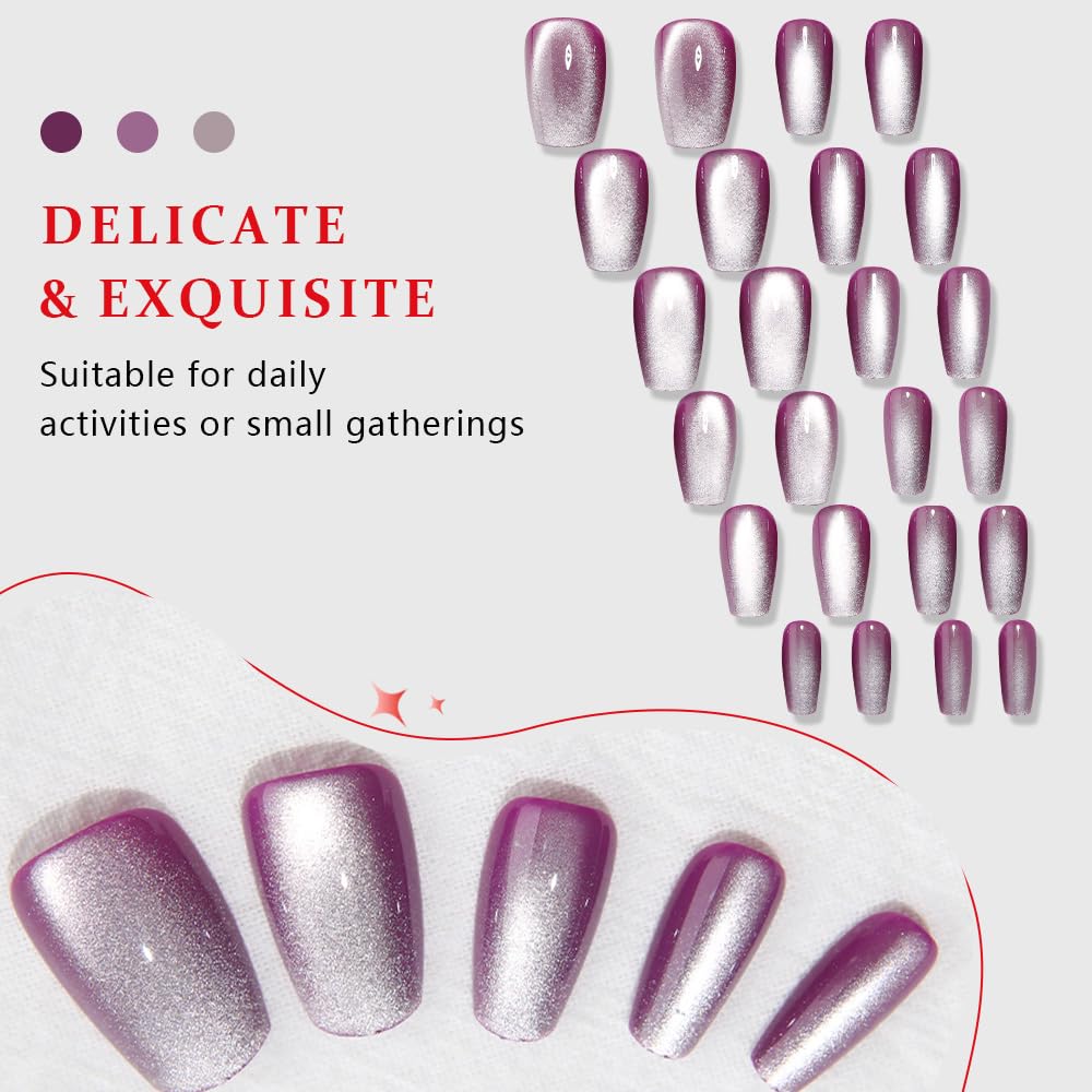 evpct Purple Cat Eye Coffin Press on Nails Square Medium, Medium Square Glue on Nails for Women Gift, Lavender Purple Metallic Glitter Glossy Reusable Summer Gel Press on Fake Nail with Designs, 24Pcs